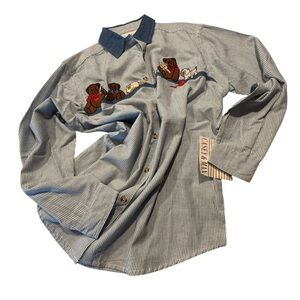 Casey & Max Striped Blue Shirt with Embroidered Cats and Bears, Oh My!